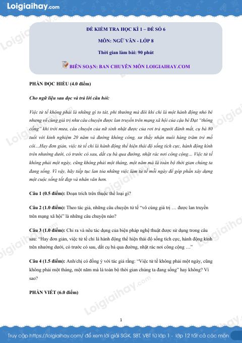 Đề thi học kì 1 Văn 8 - Đề số 6